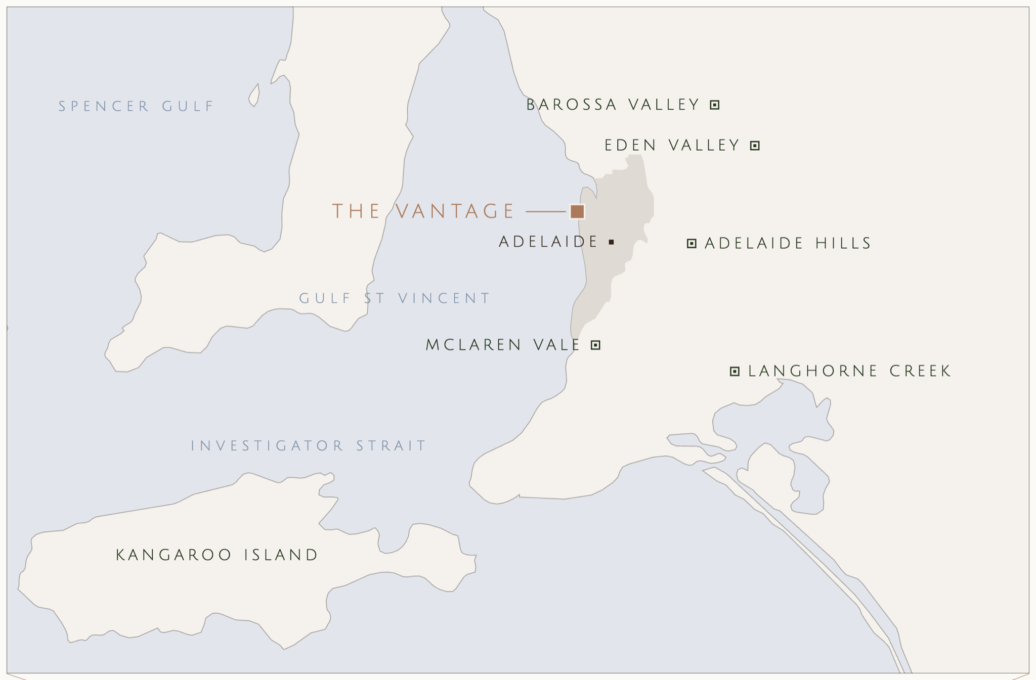 Map of Gulf St Vincent showing The Vantage at Semaphore in relation to Adelaide, the Adelaide Hills, McLaren Vale, the Barossa and Kangaroo Island