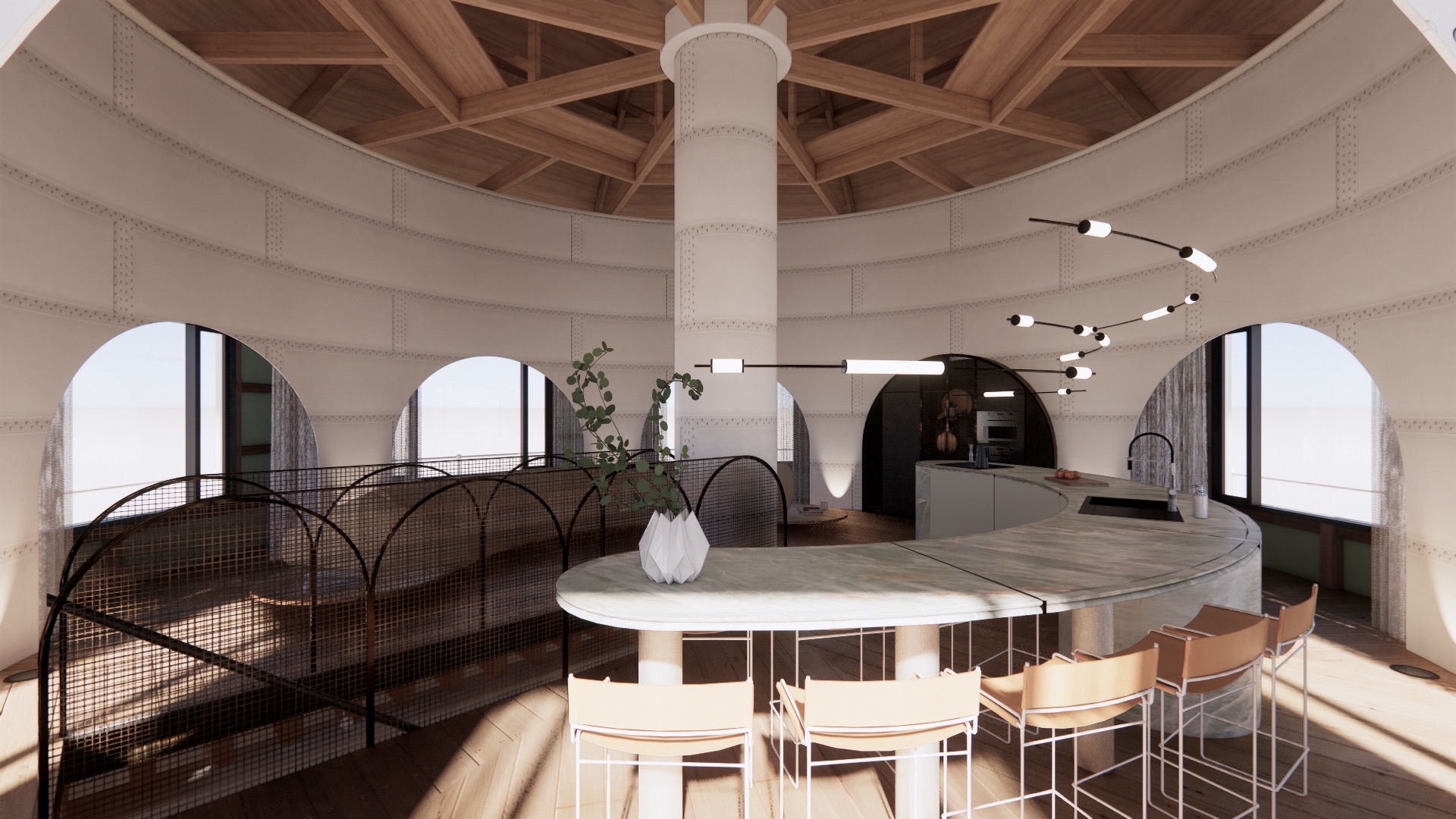 The Observatory inside the original tank — stone island, chairs and arched windows under the timber roof