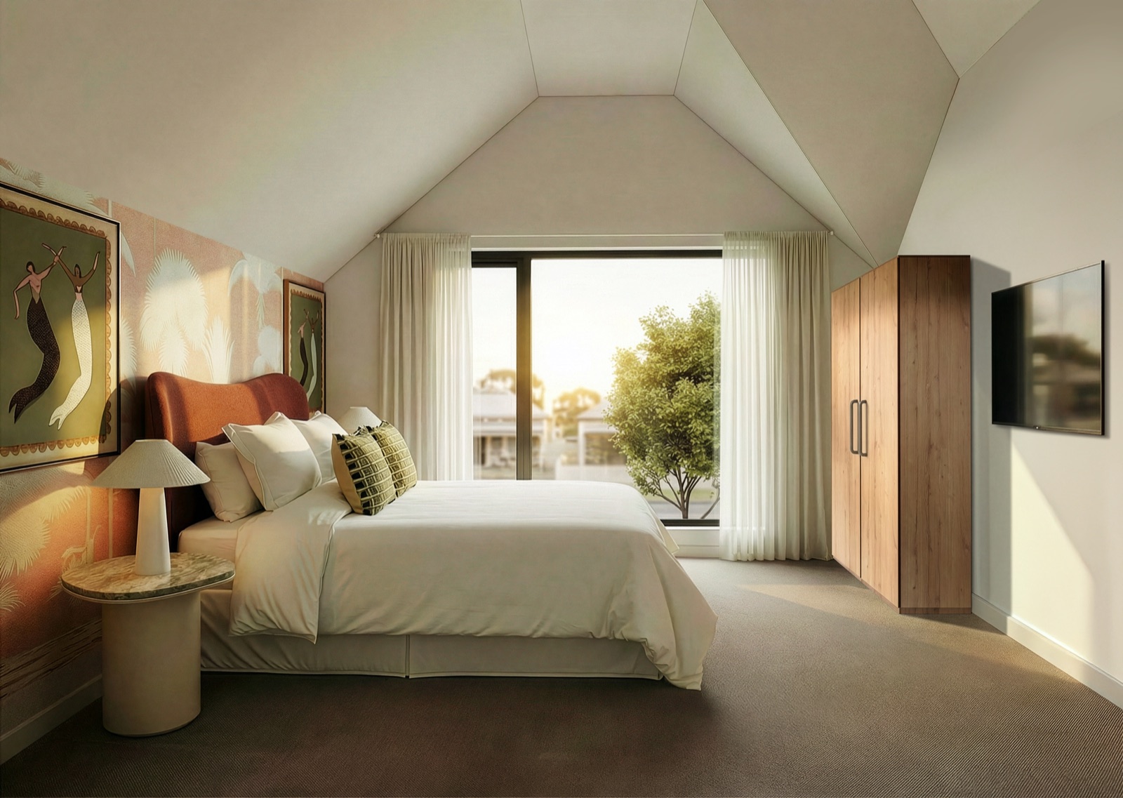 A retreat bedroom on the upper level — Queen bed under the gable, sliding door to the street at golden hour