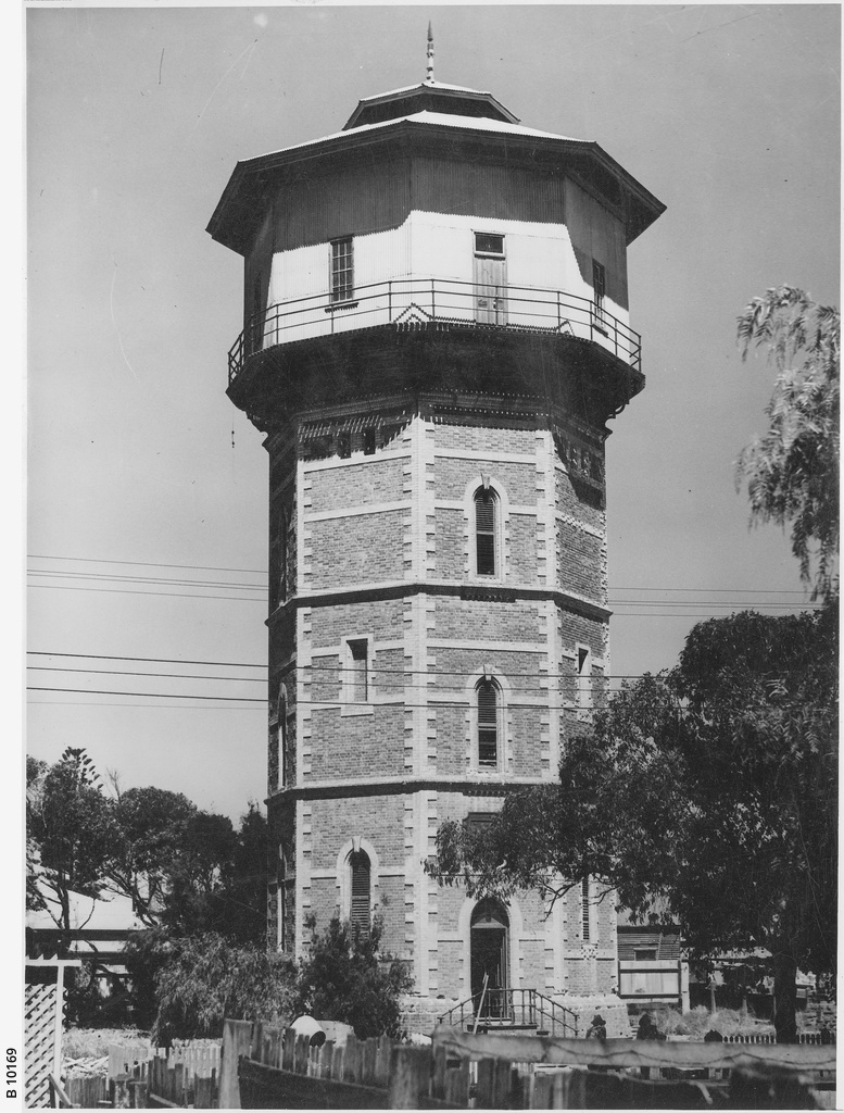 Archival photograph of the water tower at Semaphore, brick octagon under the tank storey and its iron balustrade