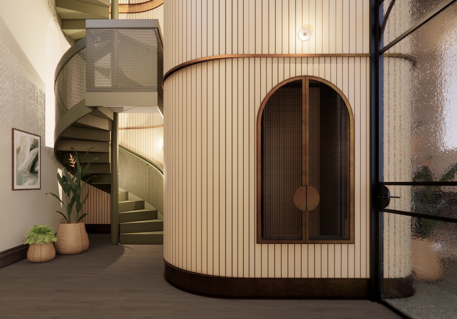 The tower lobby — spiral staircase climbing past the fluted core and the dumbwaiter door